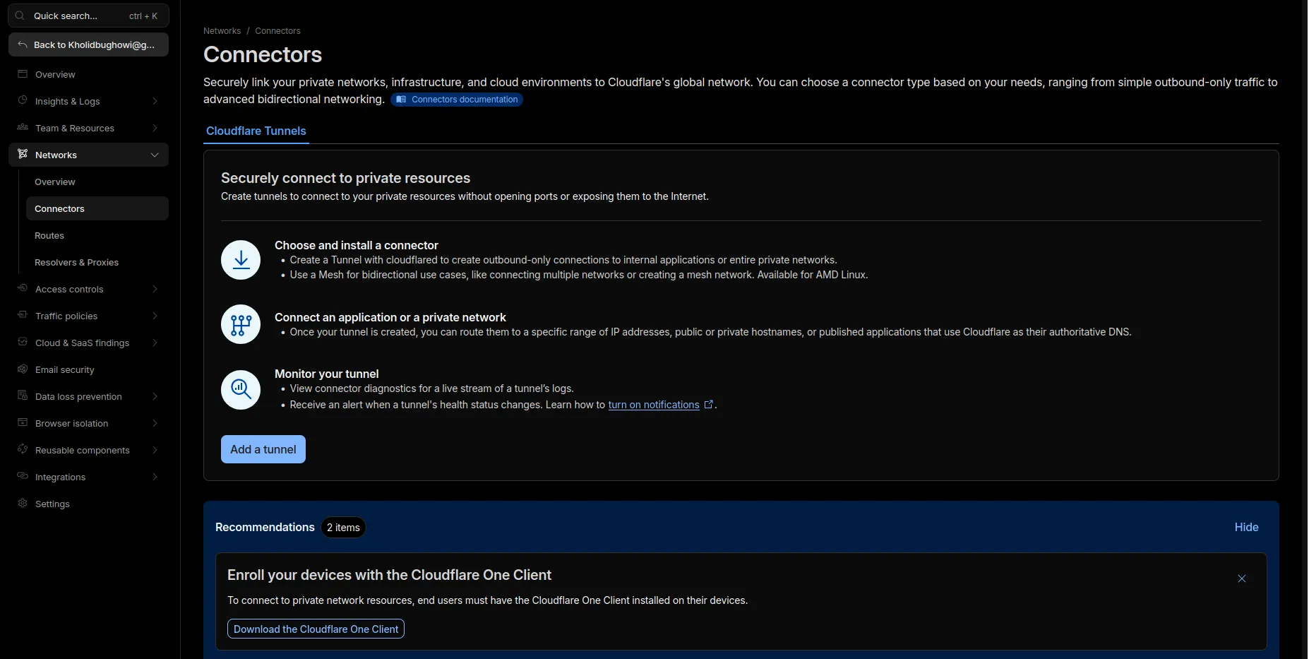 cloudflare dashboard network connectors